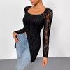 Damen Simple Fashion Lace Splicing Langarm Unregelmäßiger Saum Schlankes T-Shirt