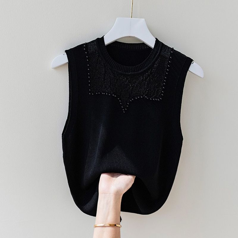 Strap Vest, Women's Round Neck, Mesh, Temperament, Nail Bead, Sleeveless Knit Sweater, Summer Top