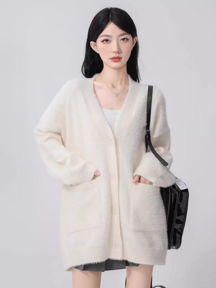 

Сірий осінньо-зимовий в язаний кардиган жіночий вільний крій м який еластичний светр у стилі холостого ходу куртка топ з V-подібним вирізом пальто XL абрикосовий