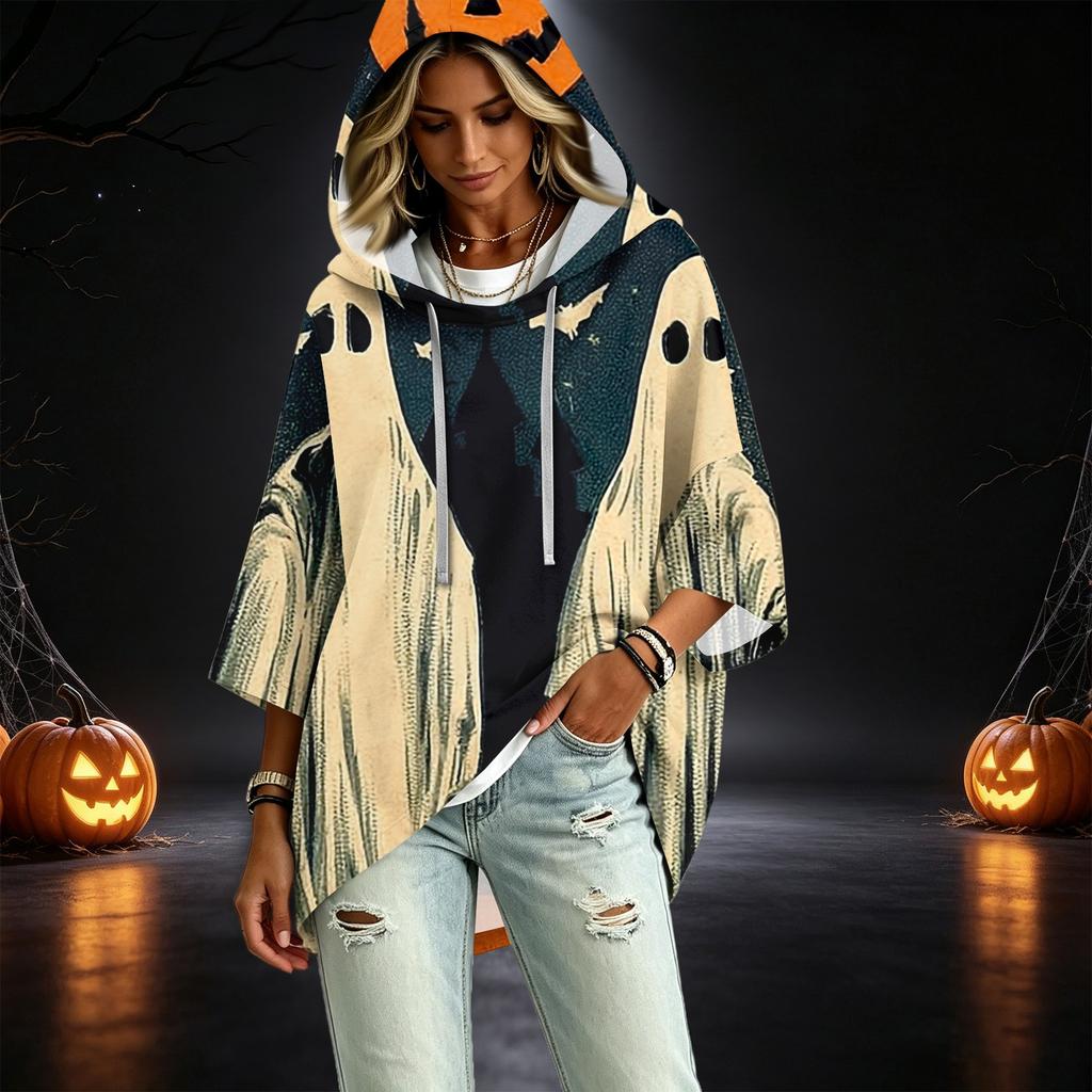 Women's Fashionable Three-Quarter-Sleeve Halloween-Printed Hooded Pullover