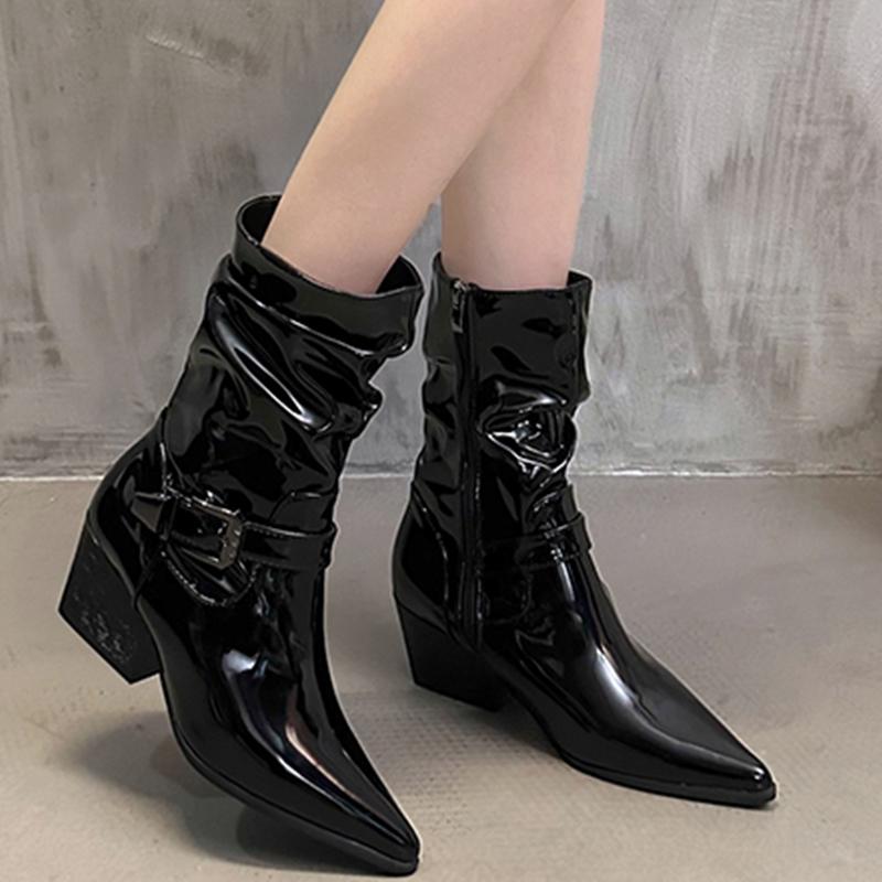 

Кожаные женские зимние сапоги средней высоты с острым носком на среднем каблуке, женская обувь 2025 года, модные зимние ботинки челси, туфли-лодочки, новые женские ботинки 39