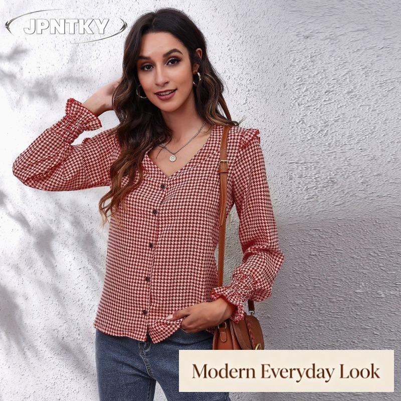 JPNTKY Women's Fashion Casual Long Sleeve V-Neck Blouses & Shirts