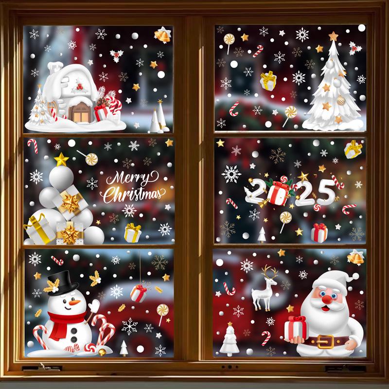 Christmas Static Clings: White Santa, Tree, Snowman, Snowflake, Reindeer Window Decals