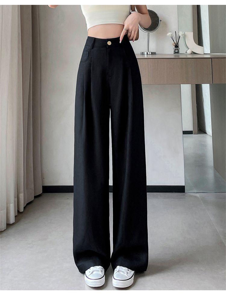 Ice Silk Cotton Linen High-Waisted Wide-Leg Pants for Women – Summer 2026 Drapey, Straight-Leg Casual Suit Style