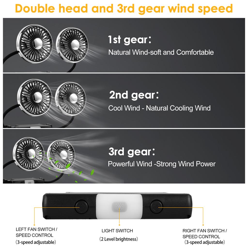 Car Fan for Backseat Double Head Car Rear Seat Fan with Led Light Rotatable Foldable Car Seat Cooling Fan 3 Adjustable Speeds