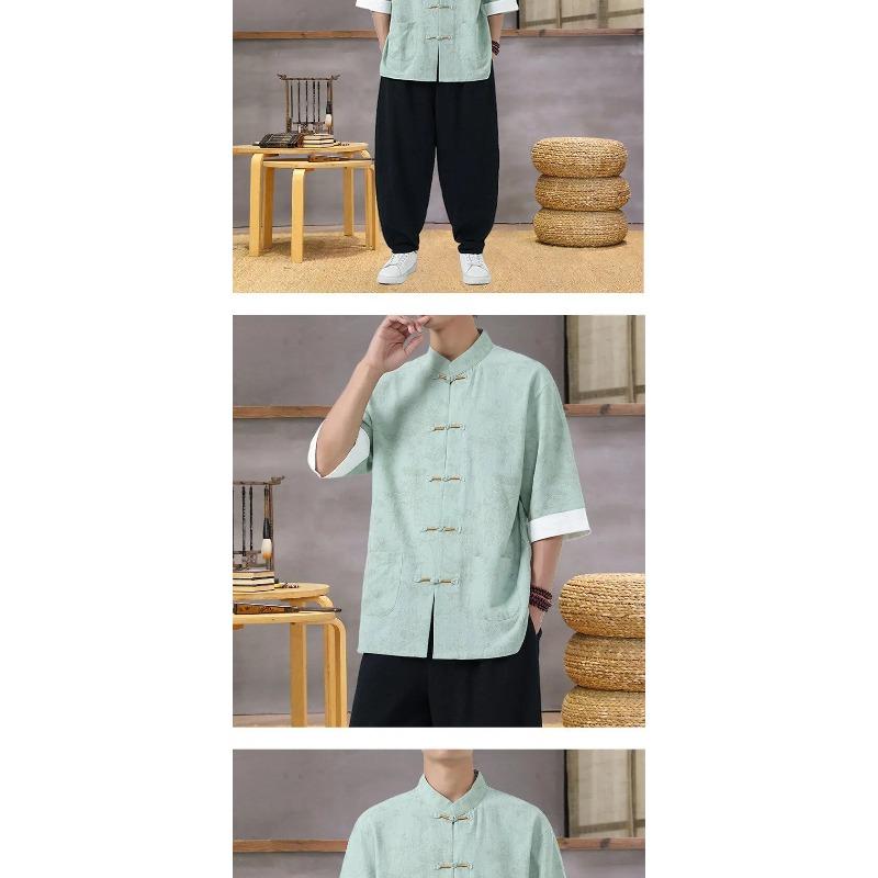 Men's Lightweight Mandarin Collar Printed Shirt Summer Chinese Style Oriental Design Casual Cultural Wear