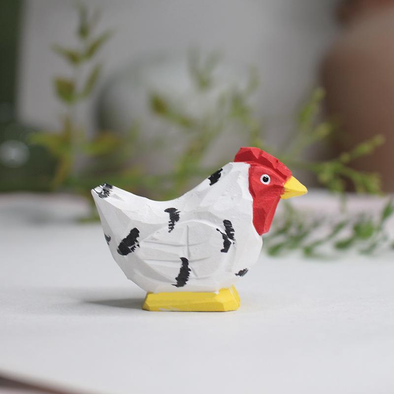 Wooden Small Reed Flower Rooster Figurine Cute Miniature Zodiac Chicken Figures Book Nook Ornament Cartoon Animal Wooden Gift