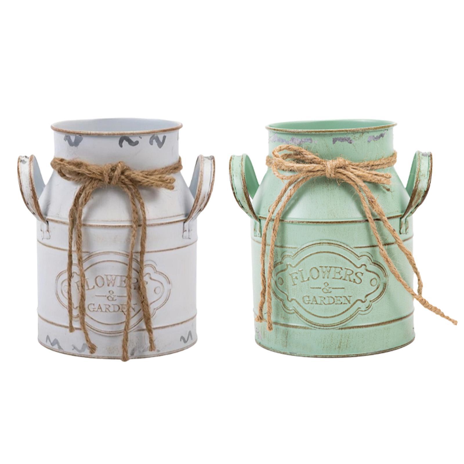 Rustic French Country Jug Vintage Metal Bucket Milk Can with Handle Shabby Chic Vase for Garden Office Wedding Country Decor bianco