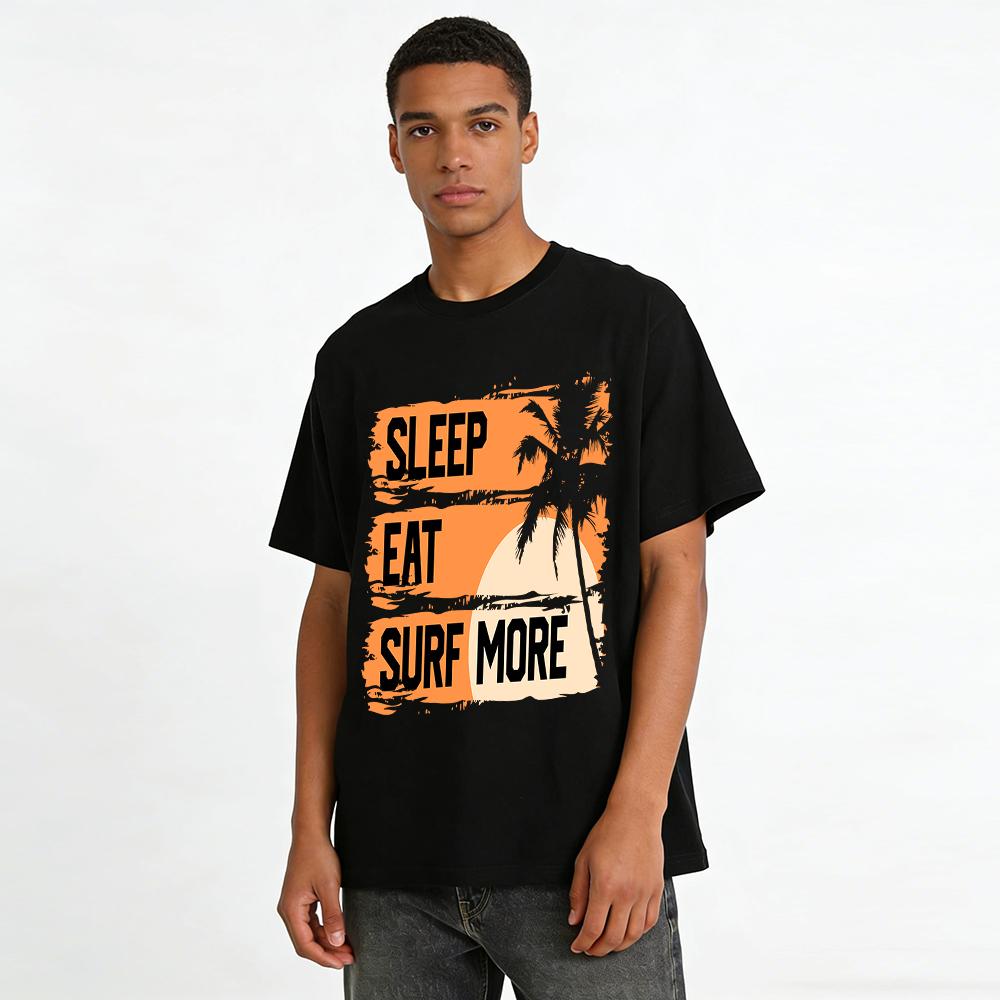 Sleep Eat Surf More Coconut Tree Print Casual Vacation Short Sleeve Tee Pure cotton T-shirt