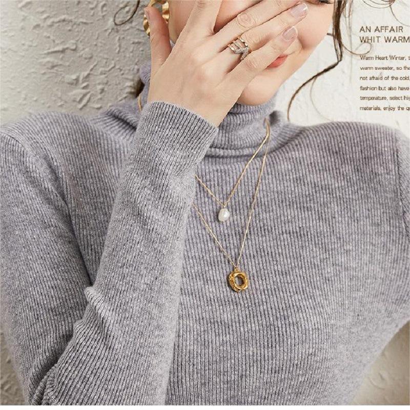 Soft waxy pile-neck knitted bottoming shirt for women, slim spring and autumn style temperament versatile solid color turtleneck bottoming