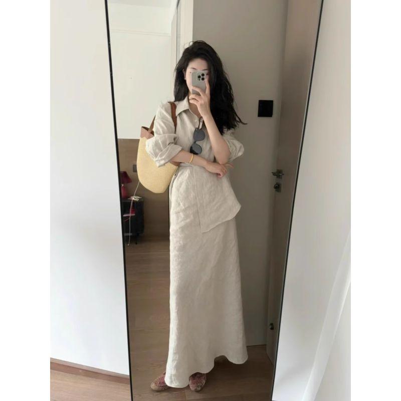 Kumikumi Fancy Suit Women's Minimalist Easiest for Match Loose Lapels Shirt Autumn High Waist Skirt Two-piece Set