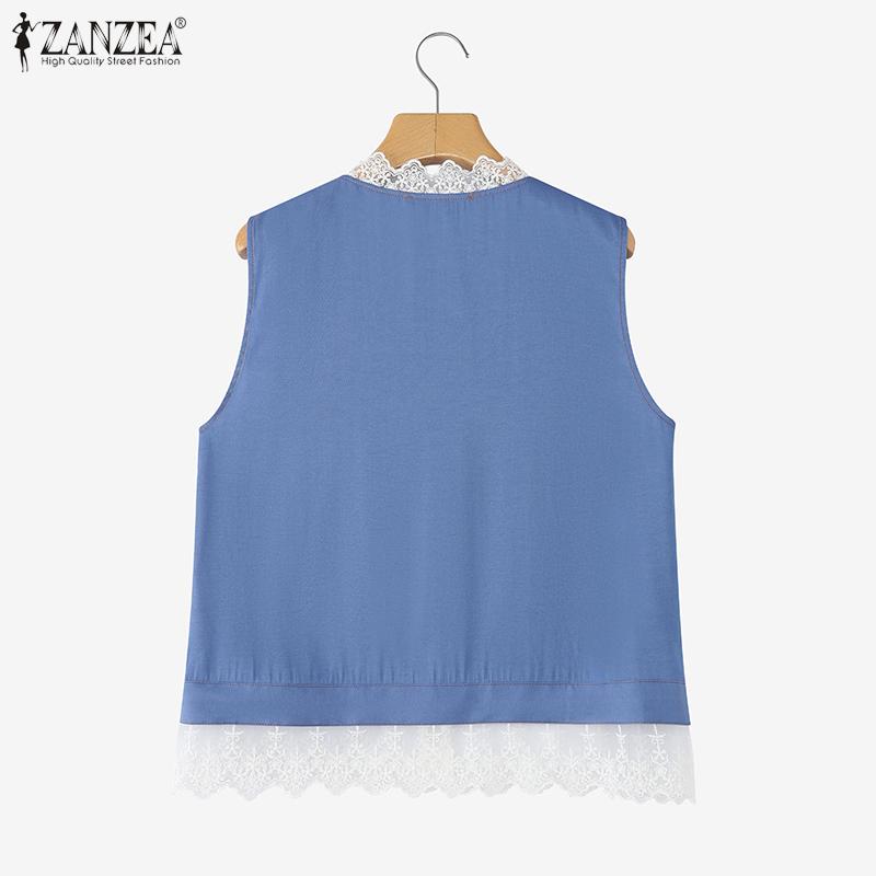 ZANZEA Women Casual Lace Splice Summer Round Neck Sleeveless Tank Tops