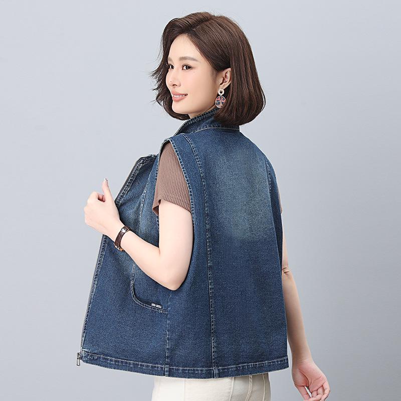 Women's Spring/Autumn 2025 European Style Denim Vest - High-End Casual Layered Sleeveless Jacket