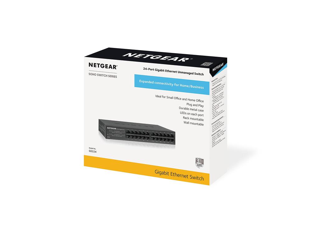 NETGEAR GS324 Rackmount Unmanaged Switching Gigabit Silent Warranty Hub, 24-Port, Fanless, Energy-Saving Design, 3-Year