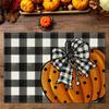1 Stück schwarz-weiß karierte Schleife Kürbis Leinen Essensmatte Dekoration für Halloween Essensatmosphäre Tischsets Schützen Einen Schreibtisch