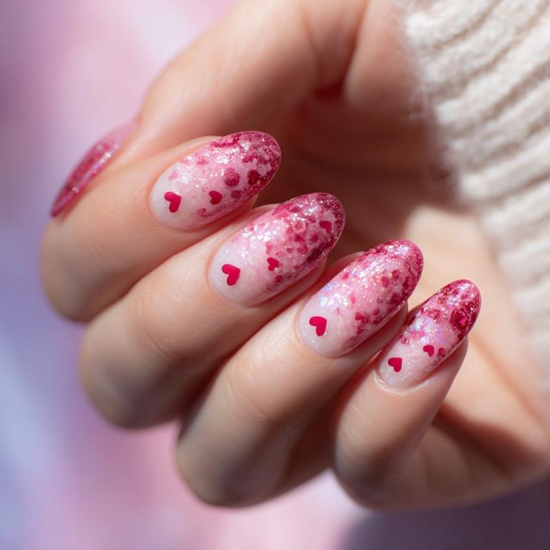 24Pcs Gradient Design Press On Nail with Glittering Sequins Heart Easy Application for Parties Valentine's Day