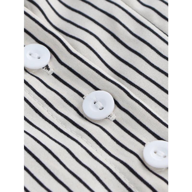 Summer New Women's Design Waist Shirt Casual Versatile Striped Pleated Slim Top