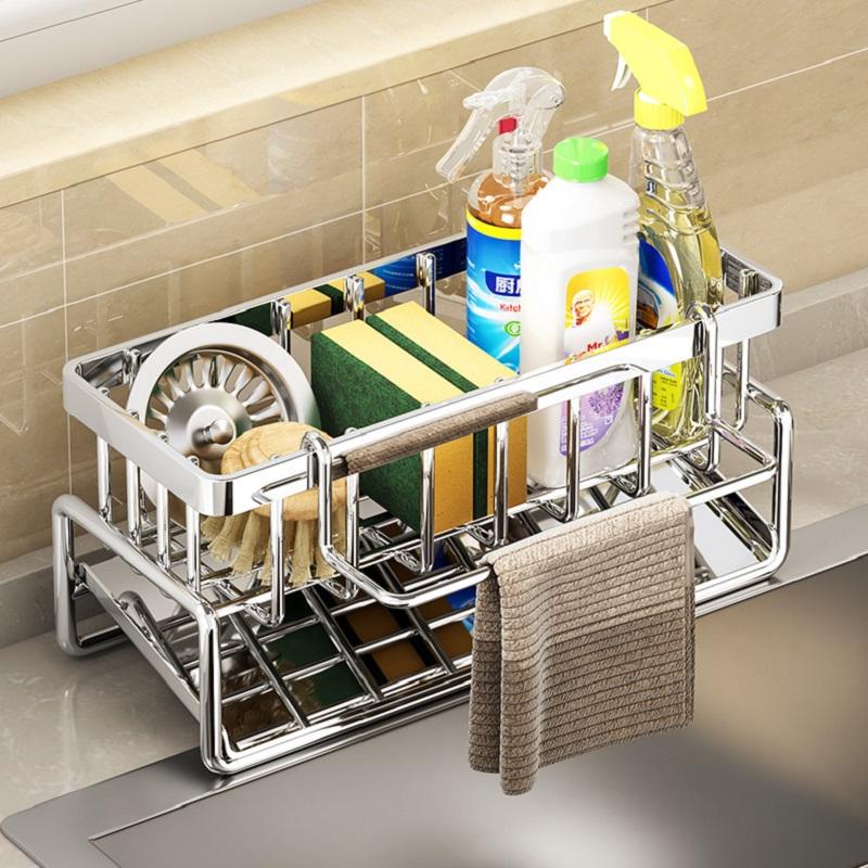 Stainless Steel Kitchen Sink Organizer, Faucet Rack, Sponge Holder, Towel Shelf, Self-Draining Storage for Sink Accessories