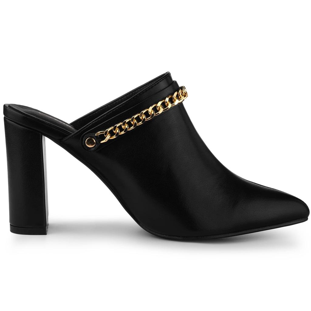 Allegra K Women's Black Block Heel Pointed Toe Chain Mule Sandals, Size 22.5