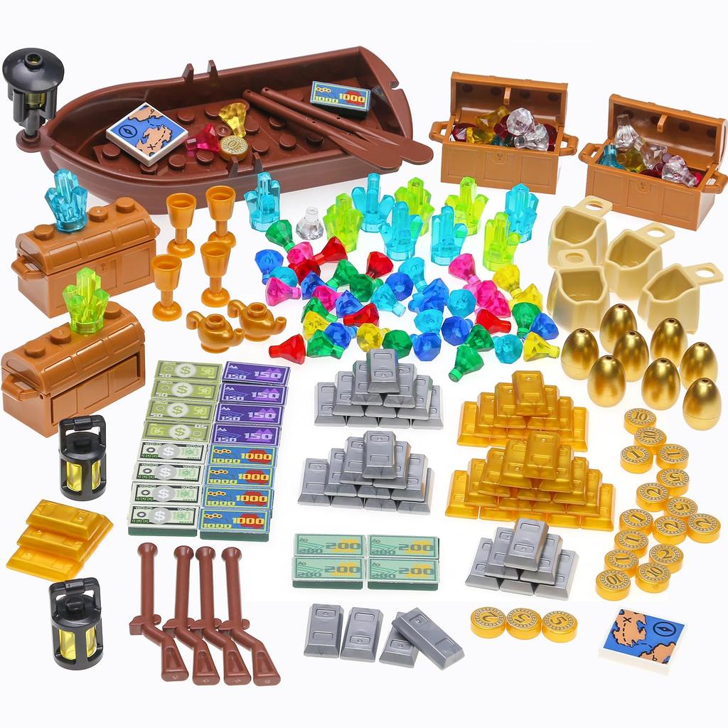 BrickBounty 220 Pirate Treasure Building Wooden Expedition Treasure Gold Bullion Paper and Coins Blocks, Boat, Map, Chest, Money, Diamonds, Crystals,