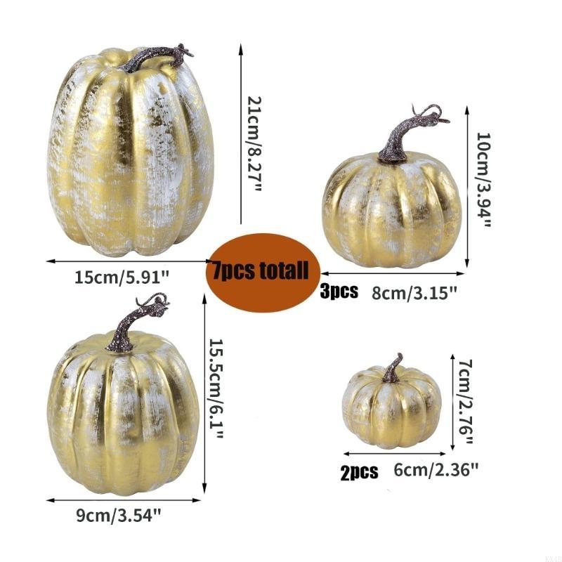 KX4B Stylish and Realistic 7Piece Gold Pumpkin Decor Set with Different Sizes and Shimmering Design DIY Halloween Decorations