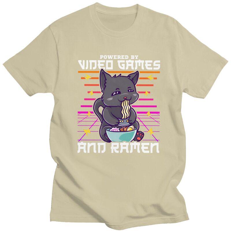 Powered By Video Games Ramen Anime Cat T Shirts Men 100 Cotton Tees Fathers Day Gift Tshirts ShortSleeve Tshirt Clothes