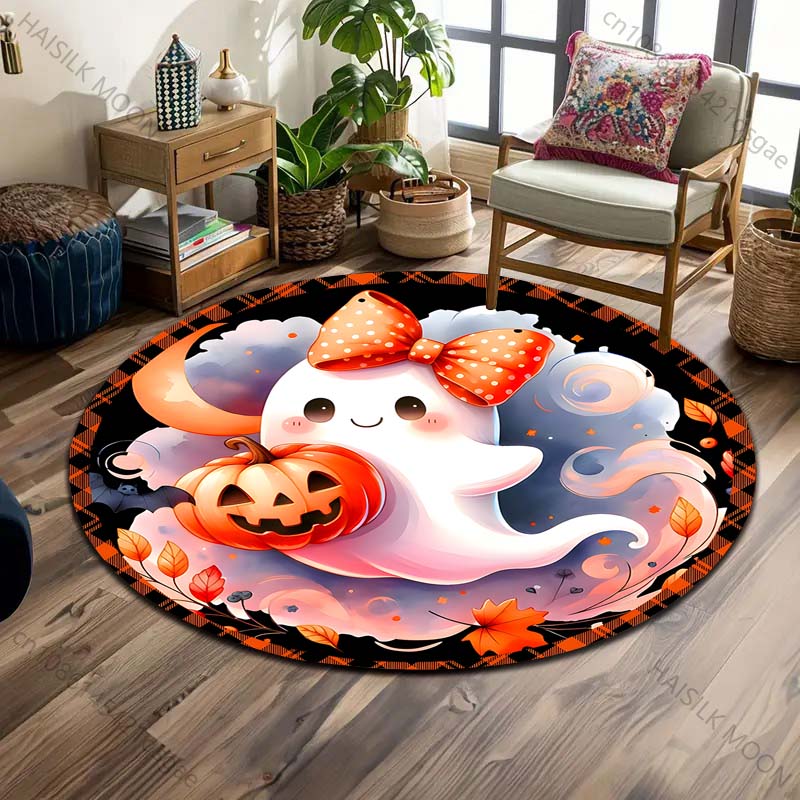 Pumpkin Head Bat Castle Halloween Round Carpet Floor Mat Suitable for Children's Bedroom Decor Living Room Round Rugs for Gifts