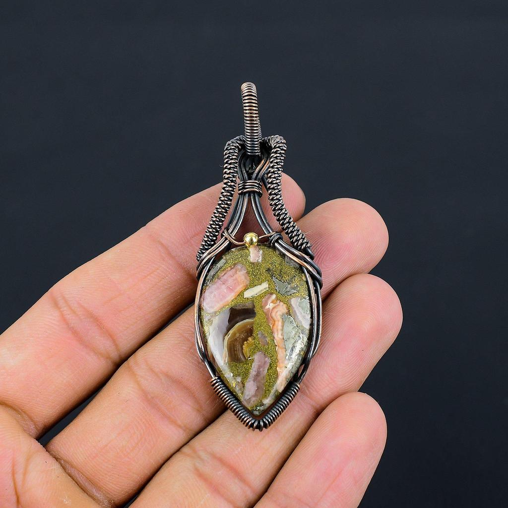 Charming Copper Rhodochrosite Gemstone Pure Copper Wire Wrapped Handmade Jewelry Pendant