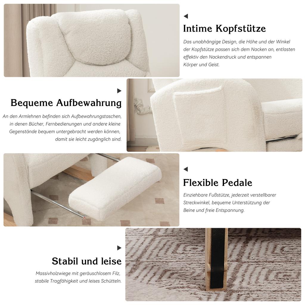 052 Rocking Chair, Recliner, Living Room Chair with Armrest, Upholstered, Accent Chair for Bedroom, White Teddy Fabric, 110 Kg Load Capacity