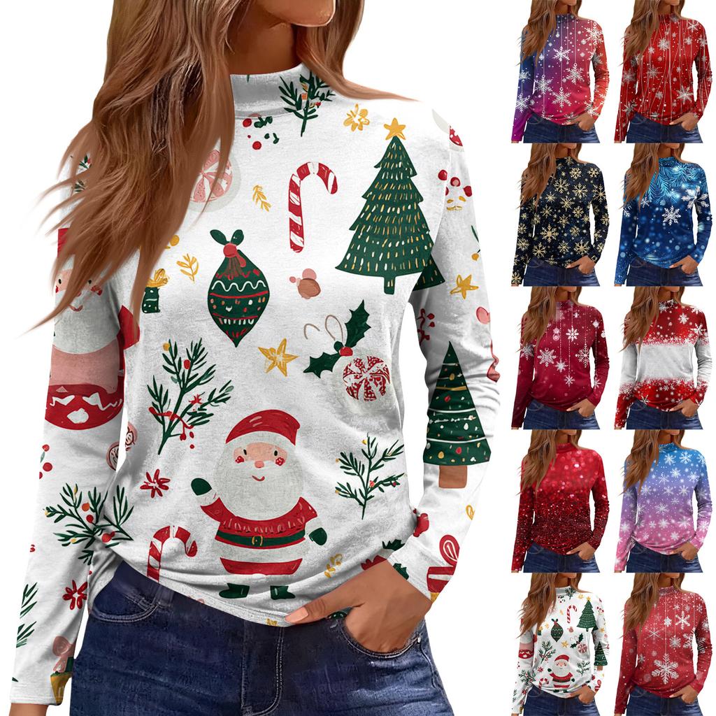 Damen Herbst Casual Langarmshirts Sweatshirt Vintage Bedrucktes High Neck Top Pullover