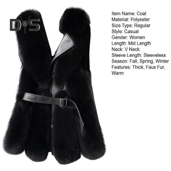 Women Winter Vest Coat Thick Fluffy Faux Fur Cozy Solid Color Sleeveless Button Closure Belt Decor Solid Color Windproof Faux Leather Patchwork Warm