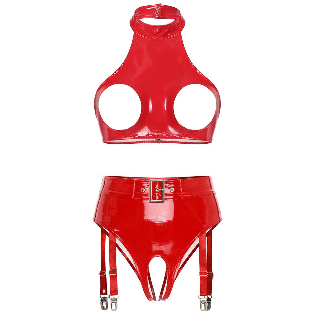 Lenjerie de damă, din piele lacuită, cu cupe deschise, crop top cu jartieră, cu picioare deschise, set de lenjerie de corp pentru îmbrăcăminte de club pentru nopți de întâlnire