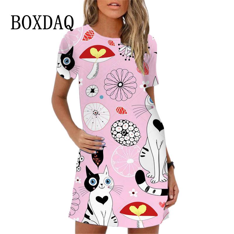 Women's Hip-hop Casual Short Sleeved O-neck A-line Skirt Mini Skirt Street Style Loose Cartoon Printed Dress
