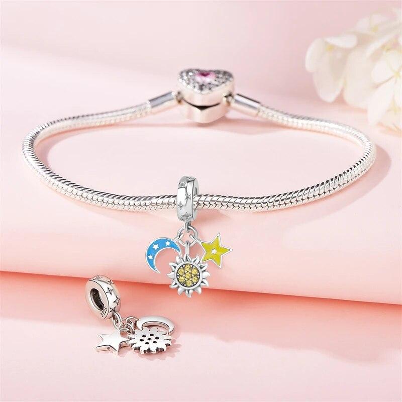 Genuine Copper Noctilucent Star Moon Star Beads Charm Pendant Fit Original Bracelet Bangle Women Diy Fine Jewelry