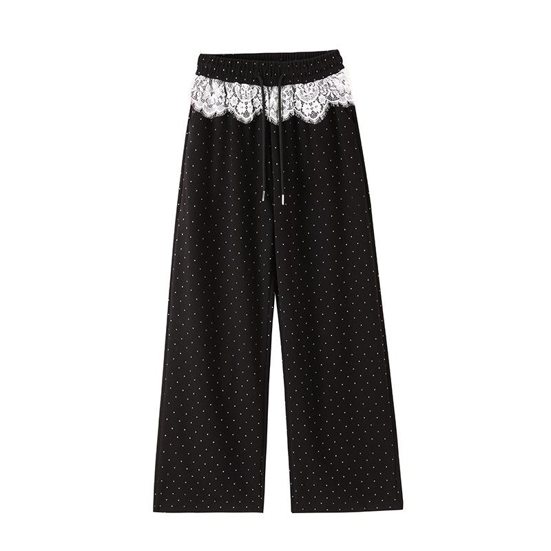 Women's Black Polka Dot Lace Trim Wide-Leg High-Waist Sporty Sweatpants (2025)