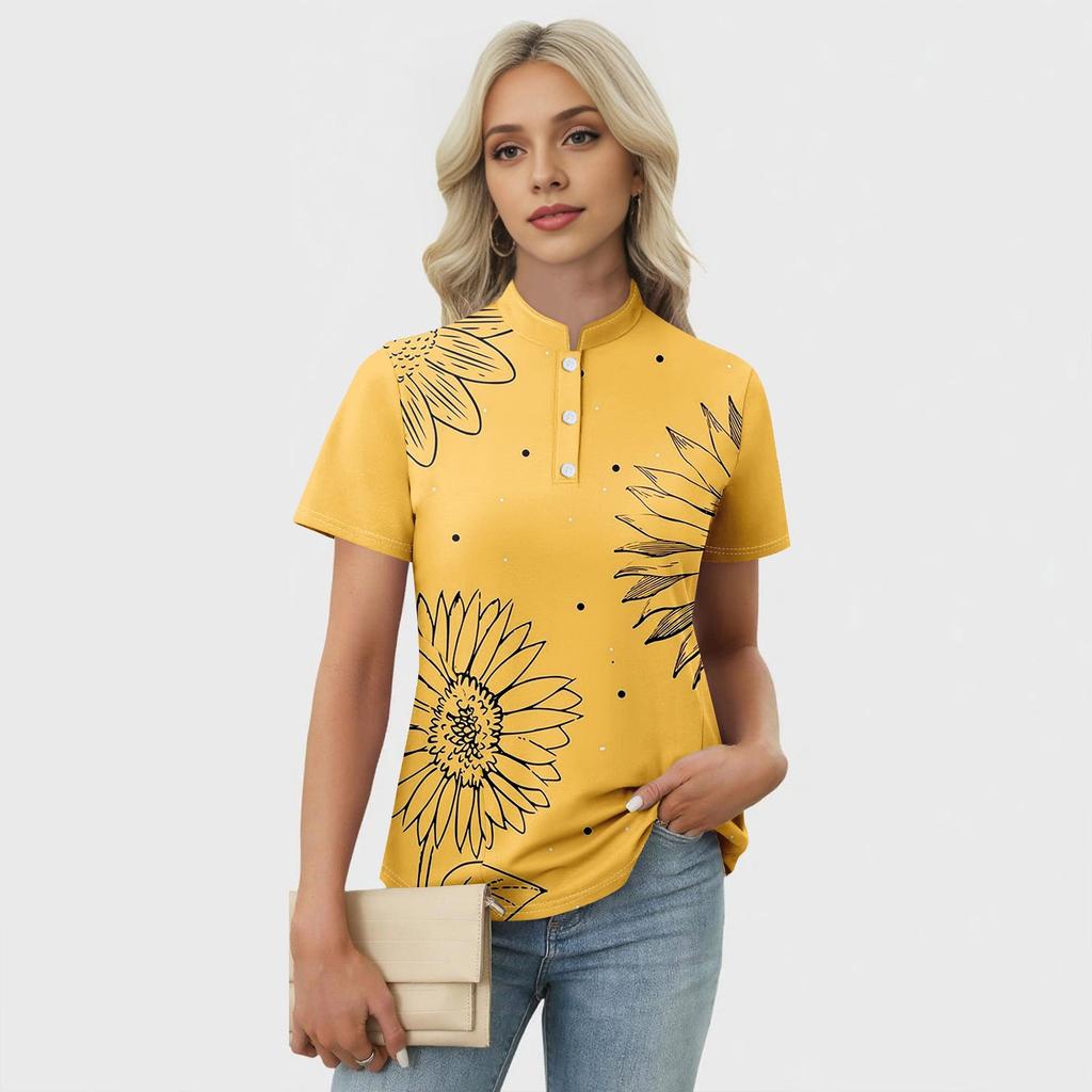 Women's Casual Floral Print V-Neck Short Sleeve Decorative Button T-Shirt Top