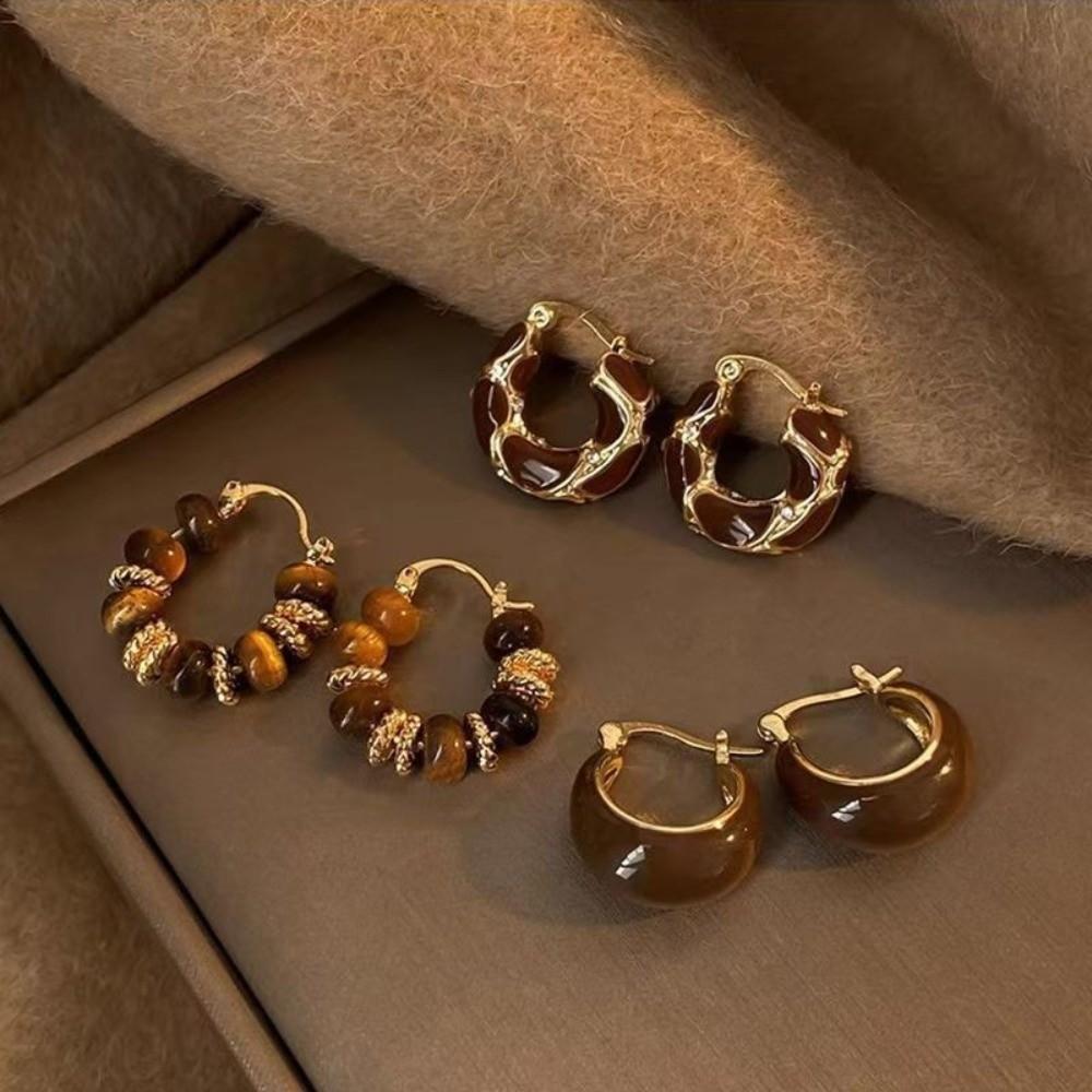 Metal Texture Hoop Earrings Vintage Dripping Oil Beaded Earrings U-shaped Earring Female Accessory