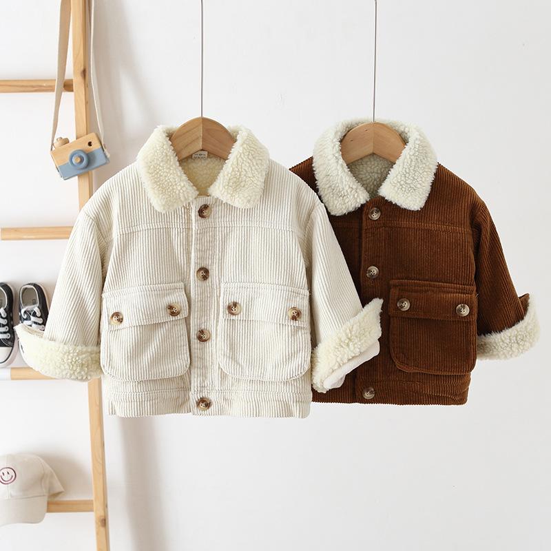 Korean Style 2025 Kids' Fleece-Lined Corduroy Jacket – Trendy & Warm Winter Top for Boys and Girls