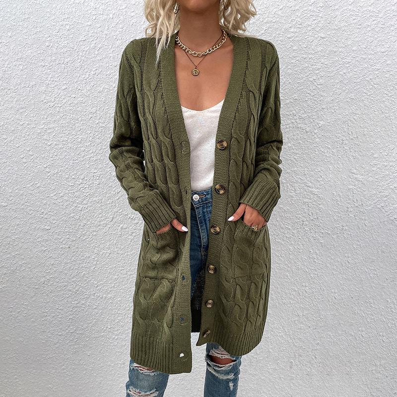 Fuzzy European & American Knitwear: Women's Long Cable Knit Button Cardigan, Autumn/Winter 2023 Edition.