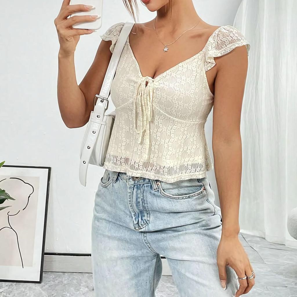 2025 Summer Fashion Casual Blouse Lace Lace Strap V-neck Top