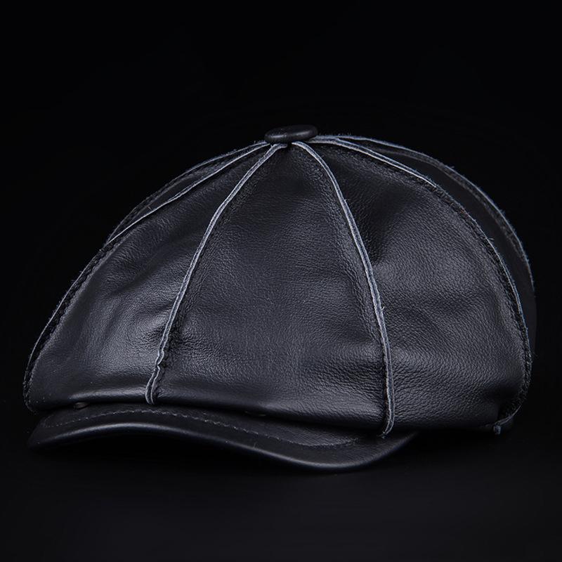 

Leather Newsboy Cap Genuine Leather Men Winter Warm Octagonal Cap Brown Black Outdoor Retro Male Leather Beret NZ124 XXL чорний
