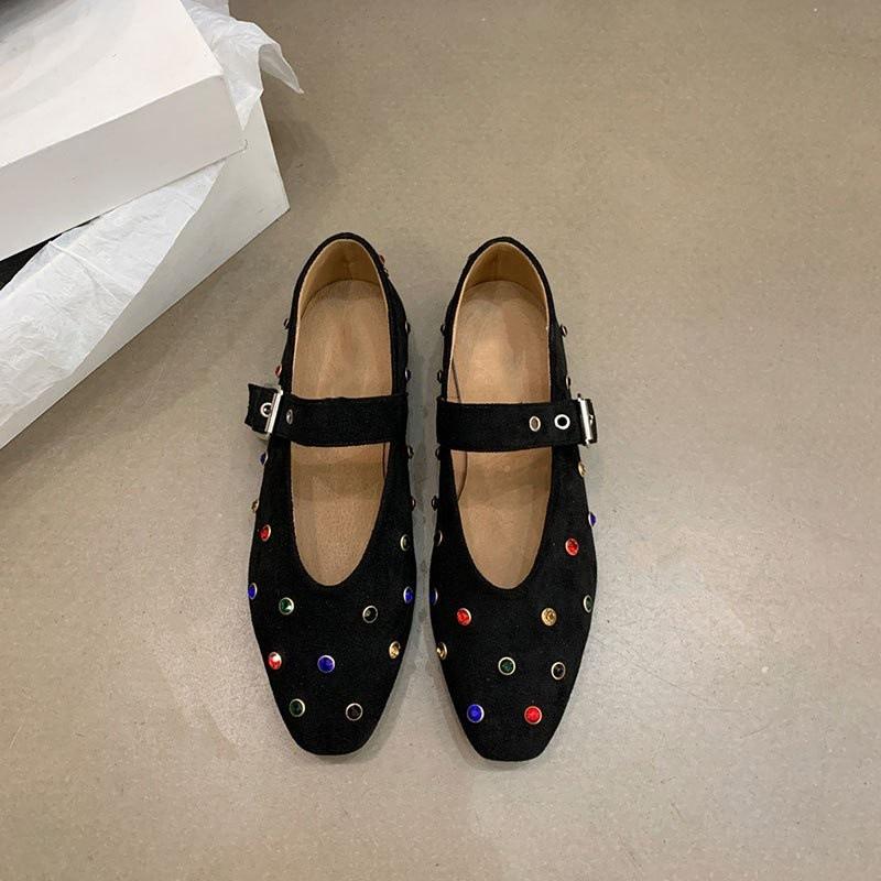 Single shoes women's 2025 new spring and autumn niche design sense rhinestone versatile rivet flat shoes Mary Jane shoes