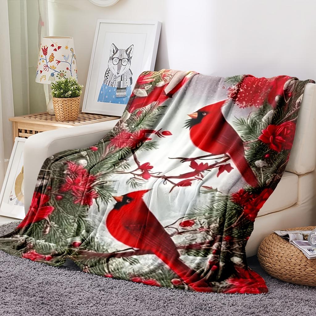 Red Cardinal Bird Fleece Blanket Floral Print Throw Soft Warm All Season Bedding Home Decor Gift For Bird Lovers