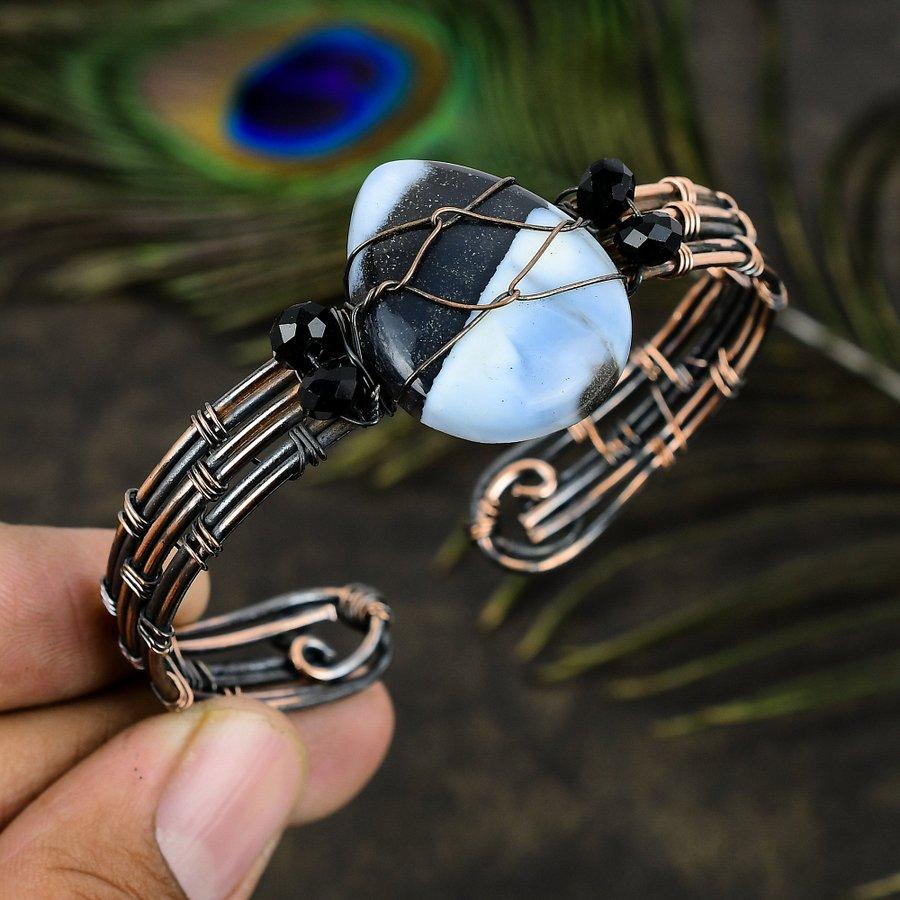 Natural Owyhee Opal Gemstone Handmade Copper Wire Wrap Cuff Bangle Adj. o4C27