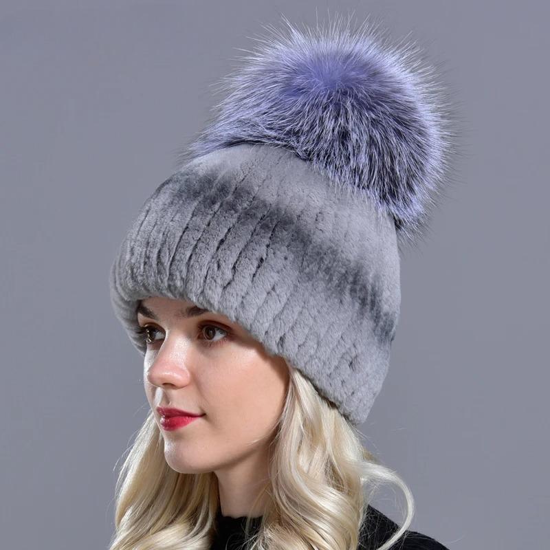 Women Winter Fur Hats Natural Rex Rabbit Fur Pompom Knitted Warm Elastic Fashionable Fluffy Thick Outdoor Genuine Real Fur Hat
