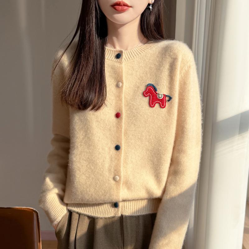 2026 Autumn/Winter Wool Sweater: Round-Neck Knit Cardigan with Colorful Buttons, Small Horse Design, Red Zodiac New Year Outerwear