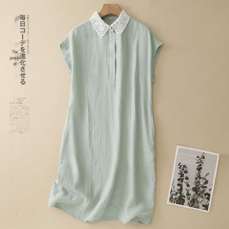 

Французское хлопково-льняное кружевное платье-кроше с рукавами реглан Medium светло-синий