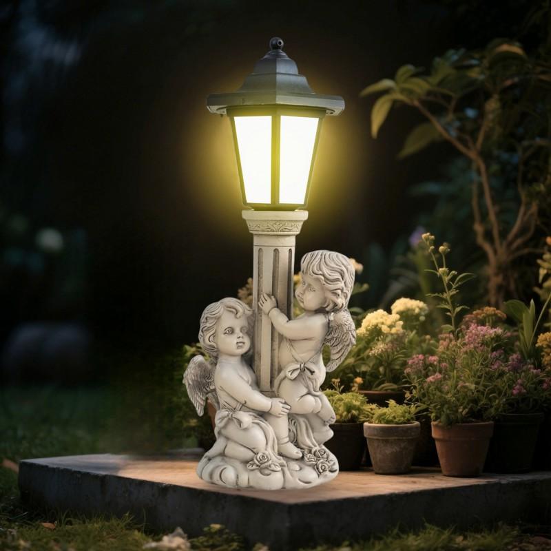 Engels-Gartenstatue mit Solarbetrieb und römischem Säulendesign, Outdoor-Rasen-Dekoration, Harz-Handwerk