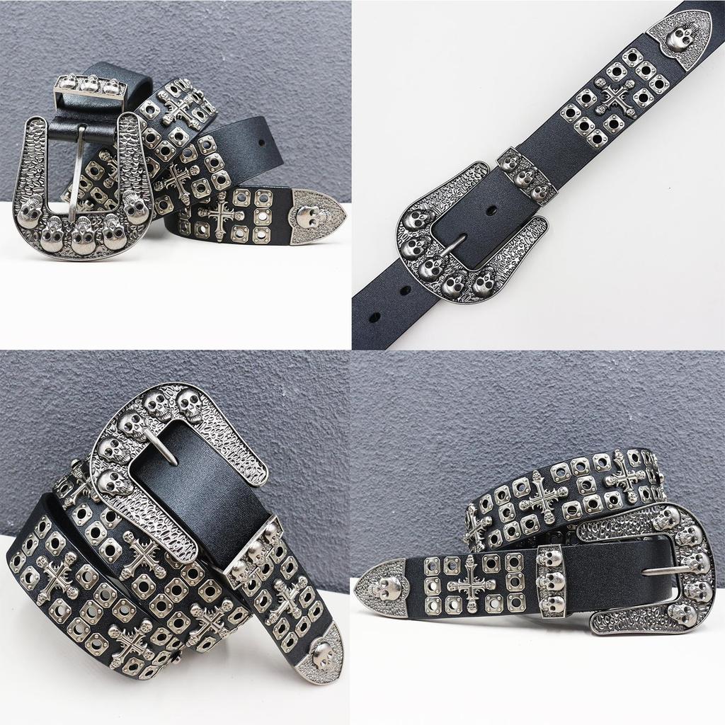 Heavy-Duty Cowhide Leather Belt with Double-Needle Rivets and Hollow Eyelets