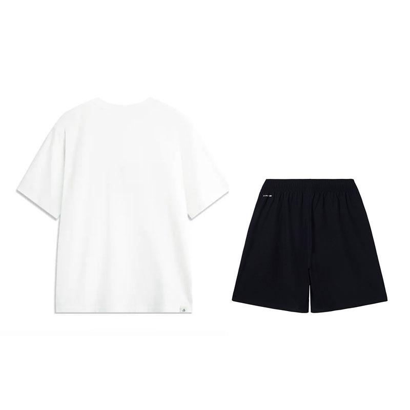 Li-Ning Fashion Print Short Sleeve Cultural Shirt T-Shirt Comfortable Breathable Shorts Casual Sports Suit Men suit Standard-White Black D61-1+W685-1